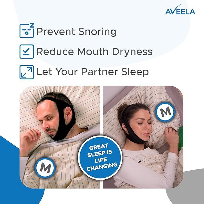 AVEELA Chin Strap for Sleeping and CPAP Users | Anti Snoring Chin Strap, Adjustable Jaw Strap for Sleep Apnea, Stop Snoring Solution for Men and Women, Comfortable Fit to Keep Mouth Closed - Small
