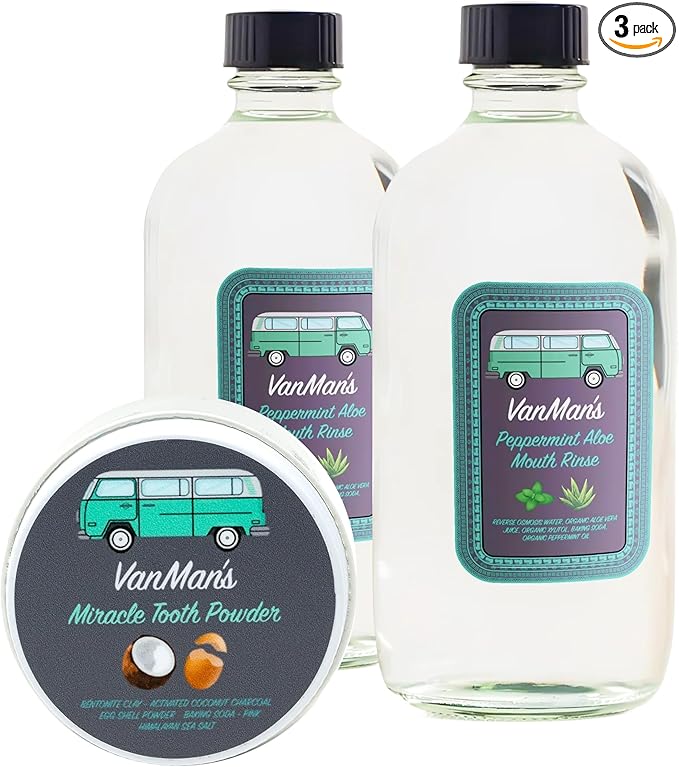 Vanman's - Oral Mouth Care Kit with Powder Toothpaste (2.2 Ounce) and Two Oral Rinse Mouthwash (8.8 Ounce) - Aloe, Mint Remineralizing Mouthwash and Tooth Powder with Coconut Charcoal, Egg Shell