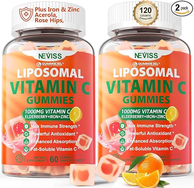 Liposomal Vitamin C 1000mg Gummies for Adults - Vitamin C Chewable 1500mg with 8mg Iron, Zinc & Elderberry - Immune Support, Immune Booster Supplement - for Energy, Collagen Booster, 2Pack Sugar Free