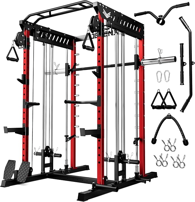 M21 Smith Machine, Multi-Function Power Cage with Dual Pulley Cable Crossover System, 2000LBS All-in-One Squat Rack with Smith Bar and Attachments
