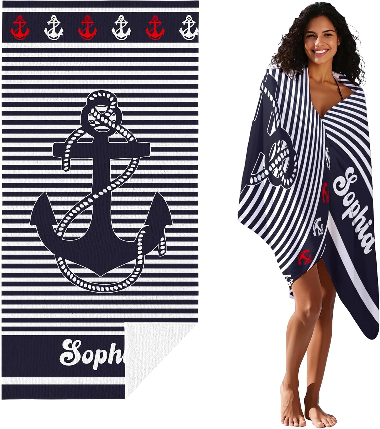 JML Personalized Beach Towel with Name, Custom Anchor Beach Towel, Customized Microfiber Pool Towel, Quick Dry & Absorbent Swim Towel for Adult,Anniversary, Birthday, Summer Holiday,Vacation
