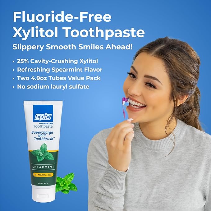 Epic Xylitol Toothpaste for Adults - Fluoride-Free Toothpaste with 25% Xylitol - SLS-Free Formula for Dry Mouth & Fresh Breath - Spearmint, 4.9oz (2-Pack)