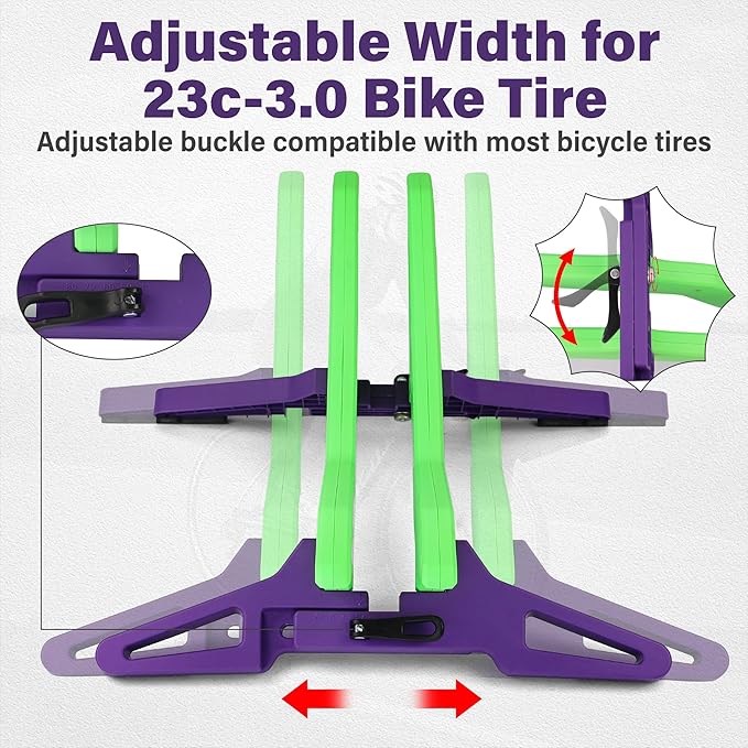 Adjustable Bike Parking Stand Fits 16-29 Inch Bicycles, Compatible with 23c-3.0 Tire Width – Heavy-Duty Plastic, Easy Installation, Stylish Two-Tone Design (Green&Purple)