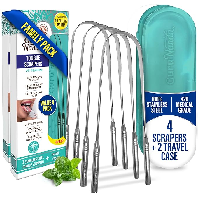GuruNanda Tongue Scraper for Adults (4-Pack) with Travel Case, 420 Medical Grade Stainless Steel, Aids in Fresh Breath & Oral Care - Travel-Friendly