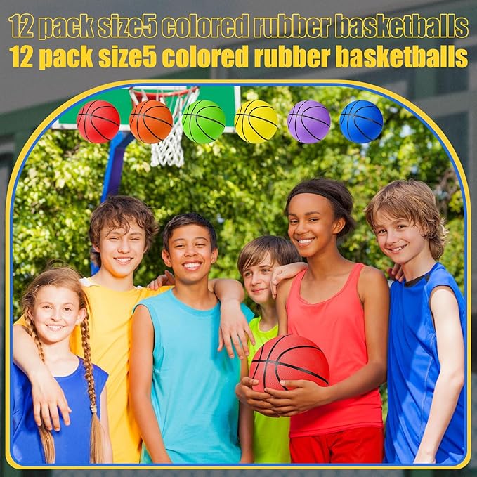 Jerify 12 Pack Official Size Rubber Basketballs for Kids Child Junior Youth Indoor Outdoor Sports Basket Balls with Pump Back to School Student Gifts Operation Christmas Bulk Items