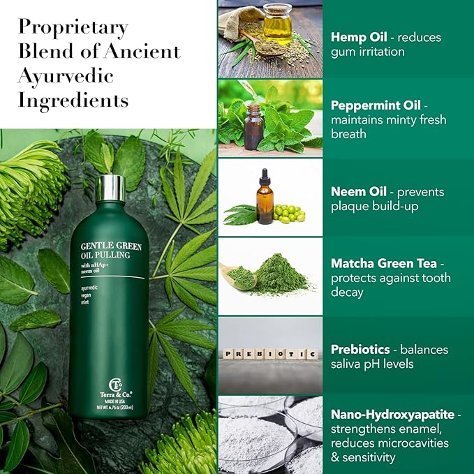Terra & Co. Gentle Green Oil Pulling for Teeth and Gums - Vegan Natural Mouthwash No Alcohol or Fluoride to Improve Oral Health - Made with Cold Pressed Plant Oils and Nano Hydroxyapatite | 6.75 oz