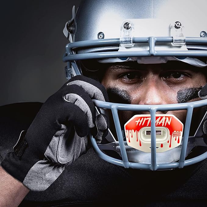 DAMAGE CONTROL Youth Football Mouth Guard – Breathable No Boil Mouthpiece, Protects Lips & Teeth, Works with Braces, Includes Helmet Strap – Sports Gear & Accessories (Hitman)