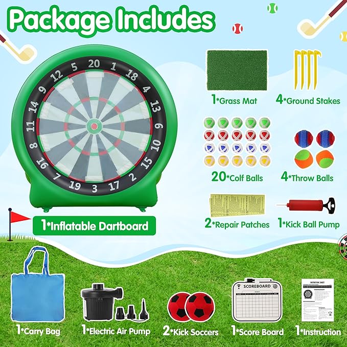 6FT Inflatable Dartboard, Giant Kick Darts Soccer Darts Golf & Throw Dart with Air Pump, Giant Outdoor Games, Blow up Soccer Dart for Yard Party Large Dartboard for Kids & Adults 20+Games