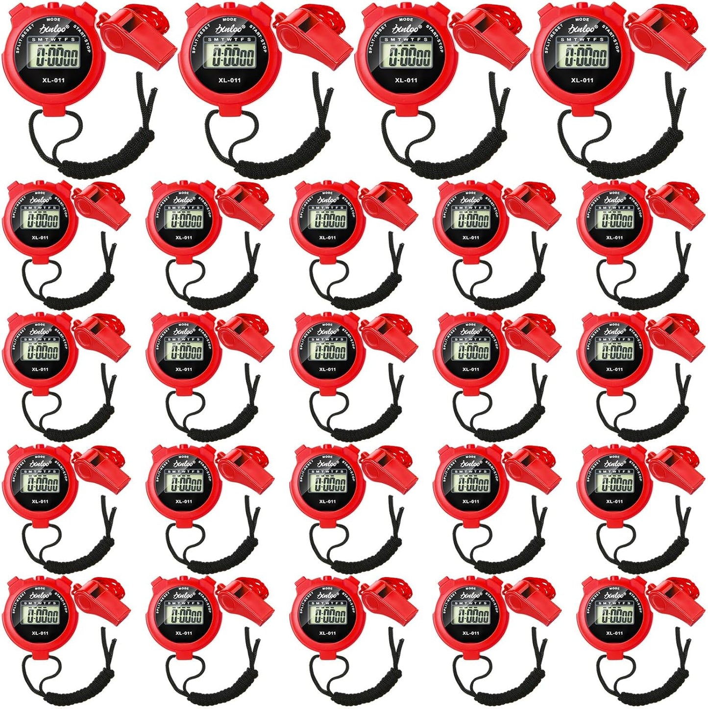 48 Pcs Digital Stopwatch Timer Plastic Whistle Bulk for Sports Coaches Referee Waterproof Watch Timer Whistle with Lanyard Multi Function Electronic Fitness Date Alarm (Red)