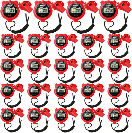 48 Pcs Digital Stopwatch Timer Plastic Whistle Bulk for Sports Coaches Referee Waterproof Watch Timer Whistle with Lanyard Multi Function Electronic Fitness Date Alarm (Red)