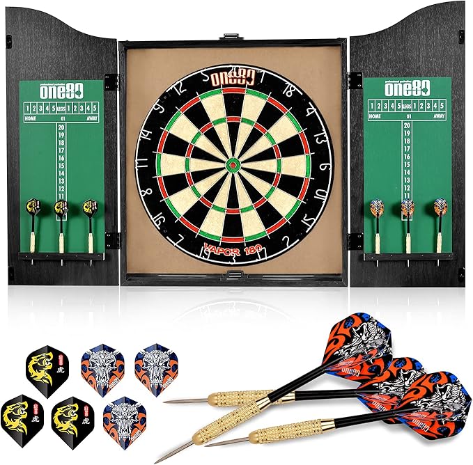 All-in-One Dartgame Center with Self-Healing Sisal/Double-Sided Dartboard & Multifunctional Cabinet 6 Steeltip Darts and Mounting Kit Included