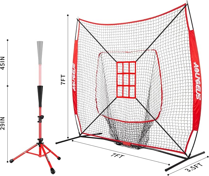 7'X7' Baseball Softball Practice Net,Pitching Net,Batting Net,with Baseball Tee,Bonus Strike Zone and Bow Frame,for Hitting,Pitching, Catching
