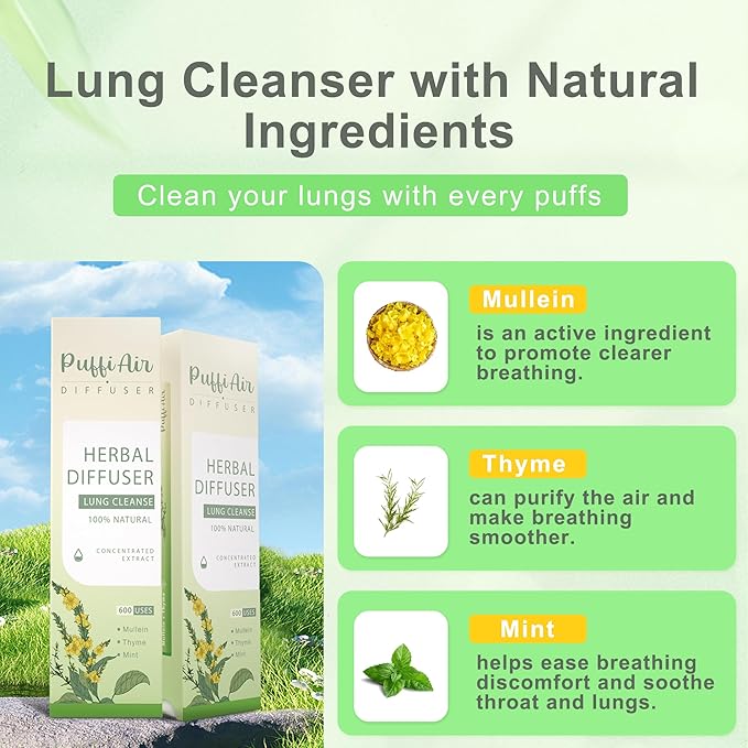 Herbal Diffuser Upgraded with Extracts of Mullein, Thyme and Mint for Cleansing Lungs, Improving Breathing and Oral Air Freshening - 3 Sticks, 1 Pack