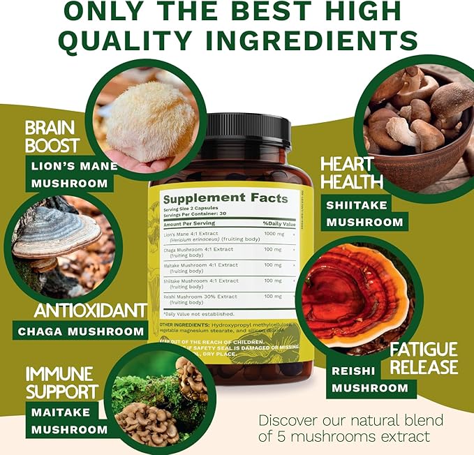Lions Mane Mushroom Complex [100% Pure Extracts] Lion’s Mane, Reishi, Chaga, Maitake & Shiitake Powder for Nootropic Brain Support, Immune Health, Memory, Mood Boost and Focus