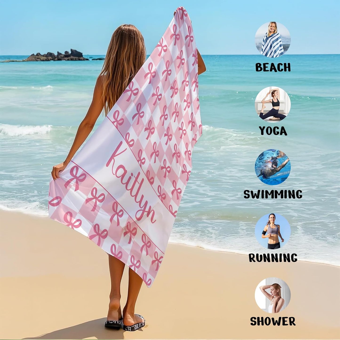 JML Personalized Beach Towel with Name, Custom Beach Towel with Text, Customized Bow Microfiber Pool Towel, Quick Dry & Absorbent Swim Towel for Adult,Anniversary, Birthday, Summer Holiday,Vacation