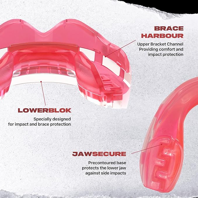 SAFEJAWZ Mouthguard for Braces, Upper & Lower Protection Remoldable Mouth Guard with Case for Boxing, Basketball, Football, MMA, Lacrosse, Hockey and All Contact Sports One Size (Ice Pink)