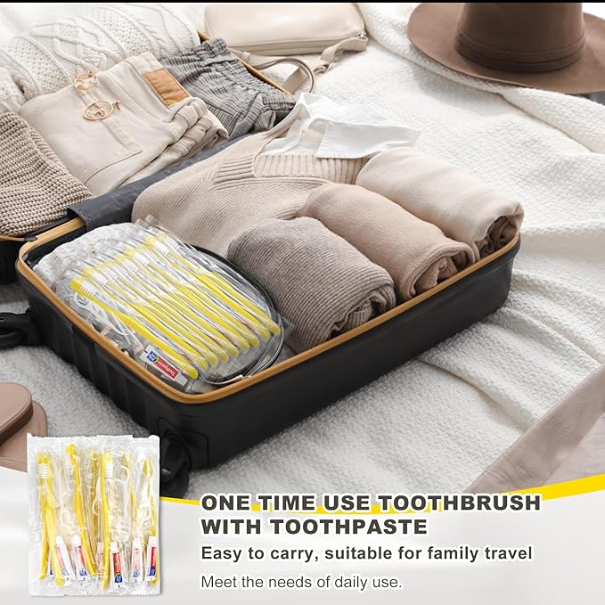 30pcs Disposable Toothbrushes with Toothpaste and Floss,Yellow Bulk Single Use Toothbrush Floss Pick Individually Wrapped Disposable Travel Toothbrushes Kit for Homeless,Airbnb,Hotel,Guest