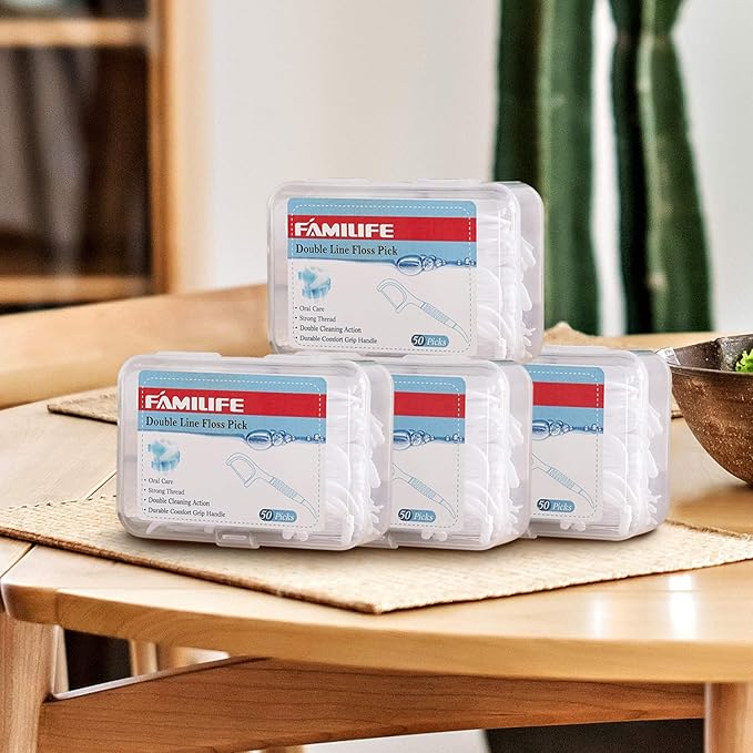 FAMILIFE Dental Floss Picks, Double Line Flossers 200 Count, Unwaxed Flossing Thinner and Tougher Unflavored Threader Flosser with 4 Travel Cases