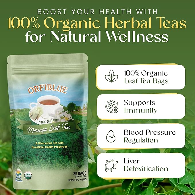 100% Organic Moringa Leaf Tea bags | Organic Herbal Teas | Premium Quality & Flavorful Blends - 0 Sugars, 0 Carbs, 0 Fats, 1% Sodium (25mg) | Rich in Vitamins - Detox, Immunity, Wellness & More (Moringa)