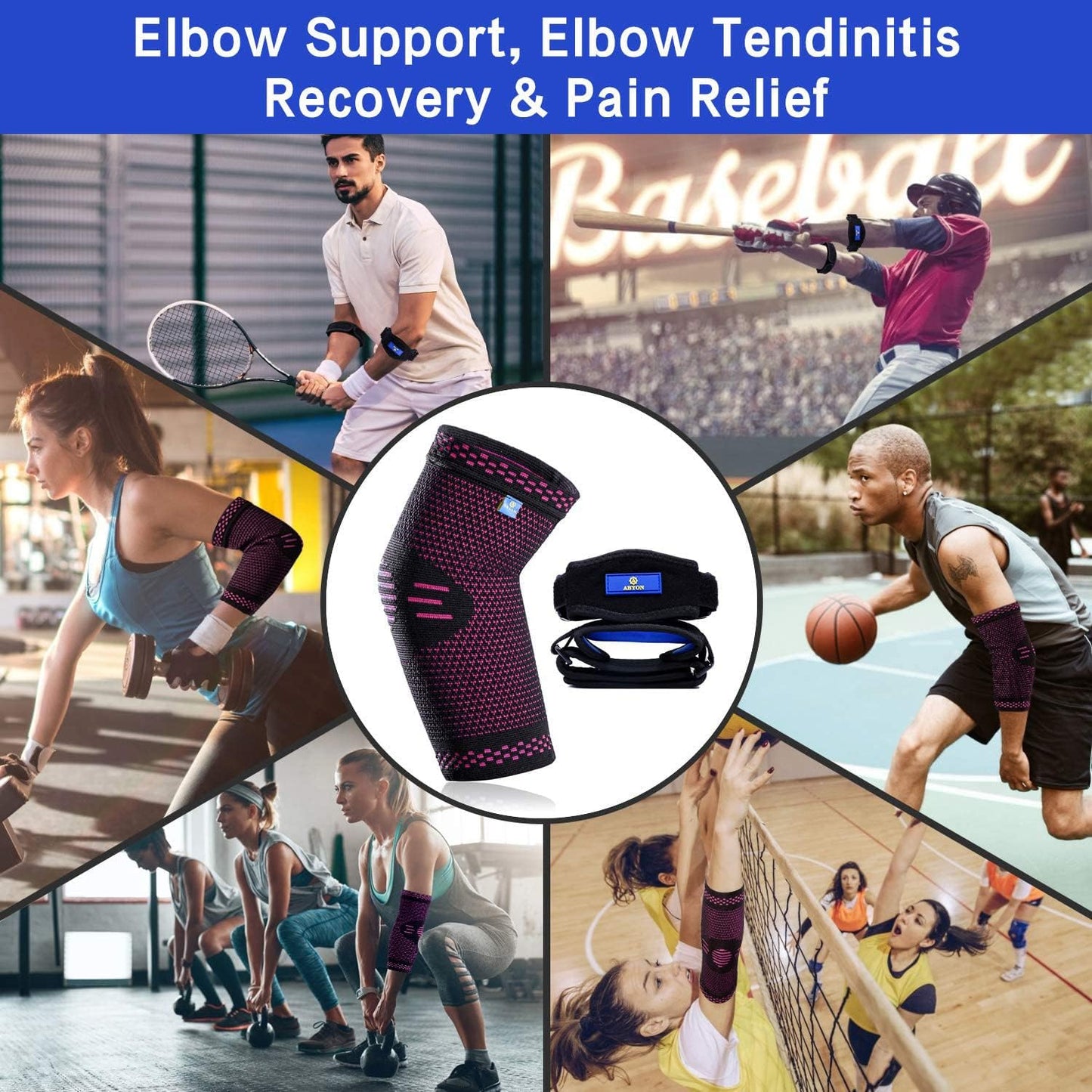ABYON Compression Elbow Support, 1 Piece Compression Sleeve + 2 Pcs Tennis Elbow Pads for Men Women Pain Relieves Tendonitis, Arthritis, Tennis Elbow, Epicondylitis