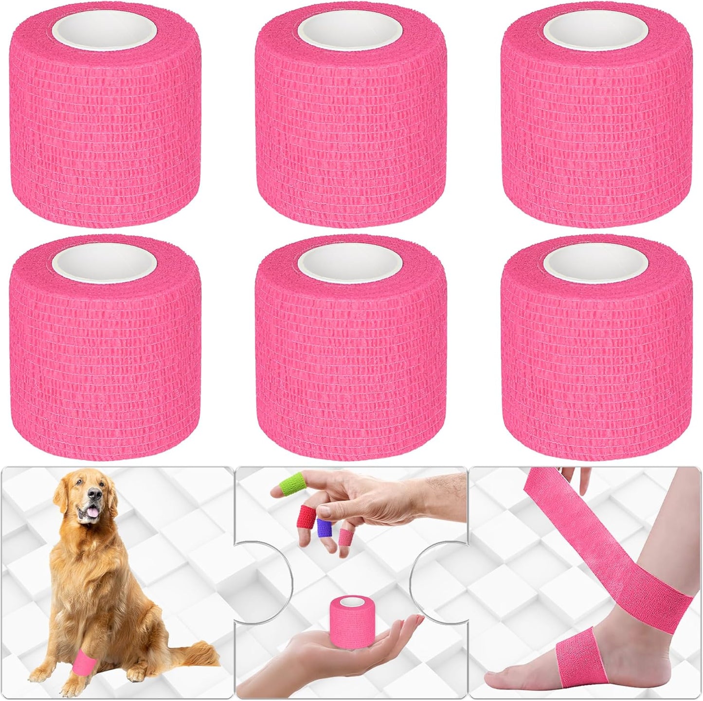 6 Pack 2 Inches Self Adhesive Bandage Wrap Breathable Cohesive Bandage Elastic Tape for Pets, Athletic, Sports, Wrist, Knee, Ankle(5 Yards Per Roll, Pink)