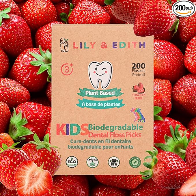 LILY & EDITH Kids Plant Based Dental Floss Picks 200 Counts, Fluoride Free, Corn Starch Material, Chemical Free, Fun Animal Flossing Sticks, Ultra Sturdy Thread, Zero Waste Package (Strawberry)