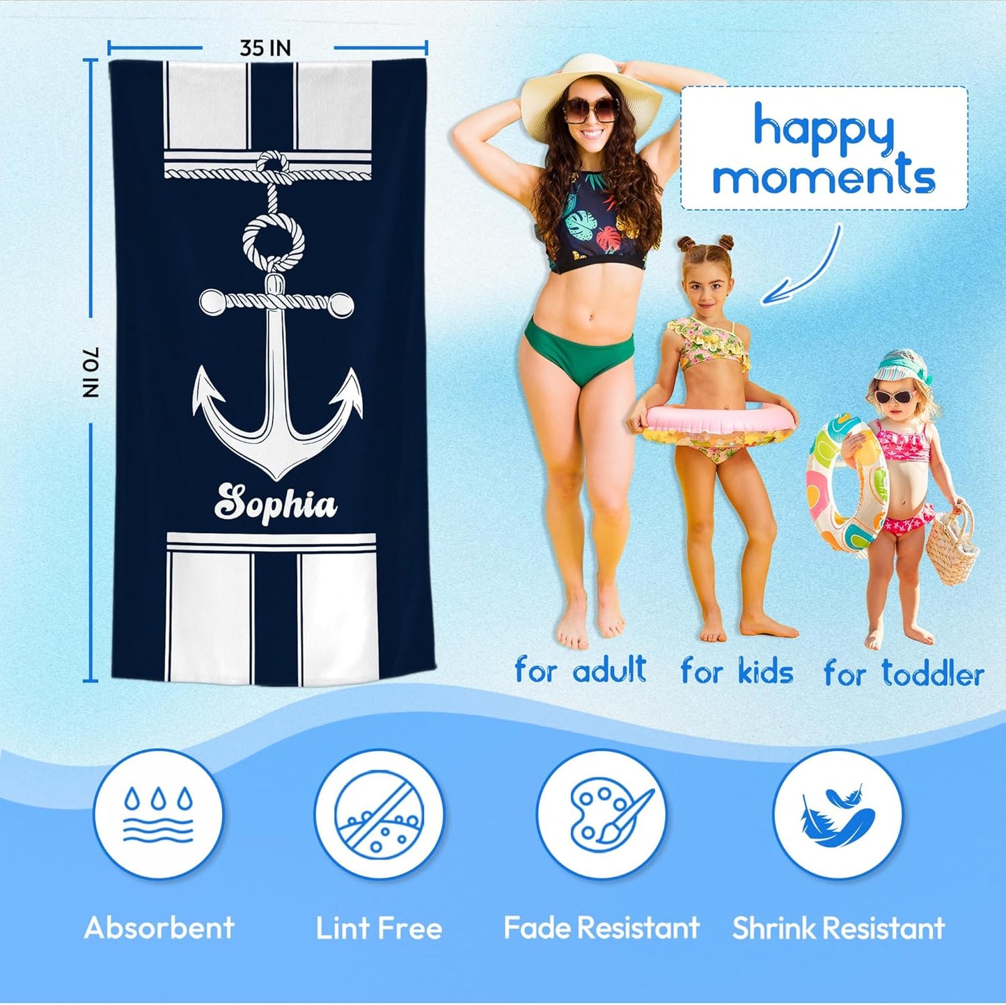 JML Personalized Beach Towel with Name, Custom Anchor Beach Towel, Customized Microfiber Pool Towel, Quick Dry & Absorbent Swim Towel for Adult,Anniversary, Birthday, Summer Holiday,Vacation