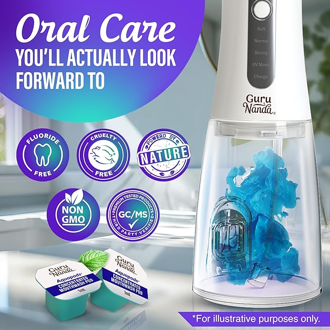 GuruNanda Aqua Pods Pre-Measured Concentrated Mouthwash for GuruNanda Water Flosser 4.0, Fluoride & Alcohol-Free, Wild Mint Flavor, Travel-Friendly, 60 Count