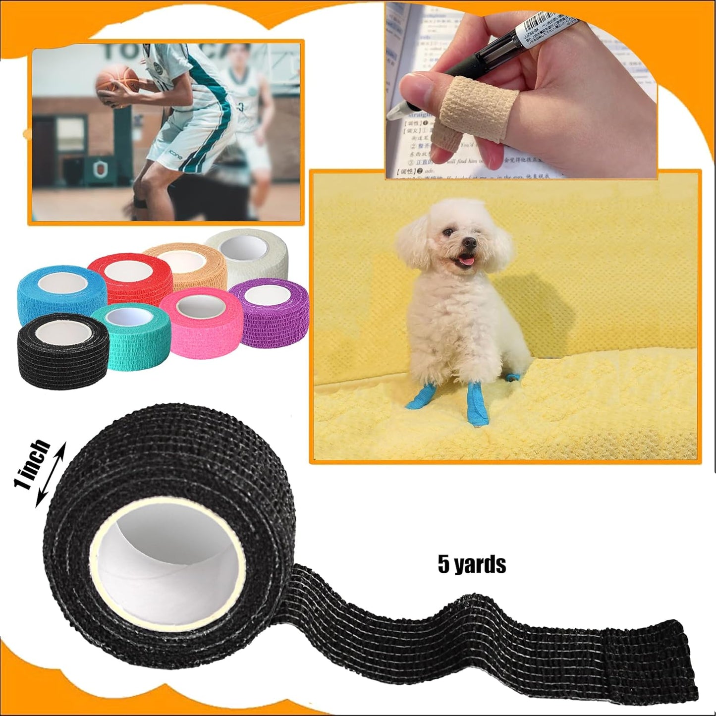 8 Pack 1 x 5 Yards Cohesive Wrap Self Adhesive Bandage Elastic Self Adherent Vet Tape for Athletic, Wrist, Ankle, Knees, Pets (Black)