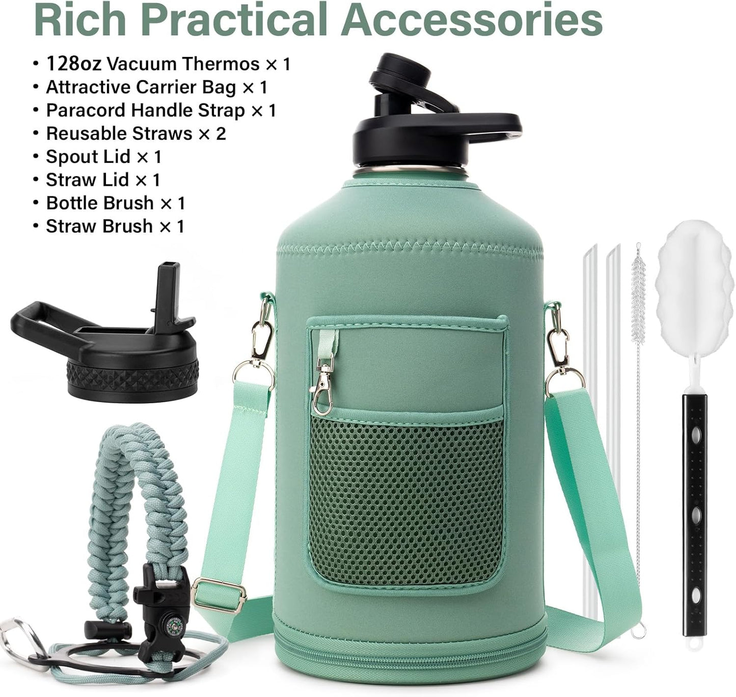 1 Gallon Water Bottle Insulated | Thickened Stainless Steel Vacuum Metal Water Jug | Portable Sports Large for Gym and Hiking with Straw, Carrier Bag, Handle Strap | BPA-Free 128 oz