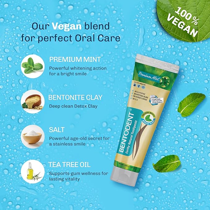 Bentodent Remineralizing Fluoride Free Toothpaste, Organic & Natural with Calcium Bentonite Clay, SLS Free, Whitening for Sensitive Teeth, Vegan (Premium Mint Combo)