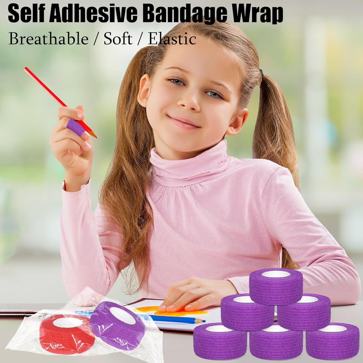 6 Pack 1 Inches Self Adhesive Bandage Wrap Breathable Cohesive Bandage Elastic Tape for Pets, Athletic, Sports, Wrist, Knee, Ankle(5 Yards Per Roll, Purple)