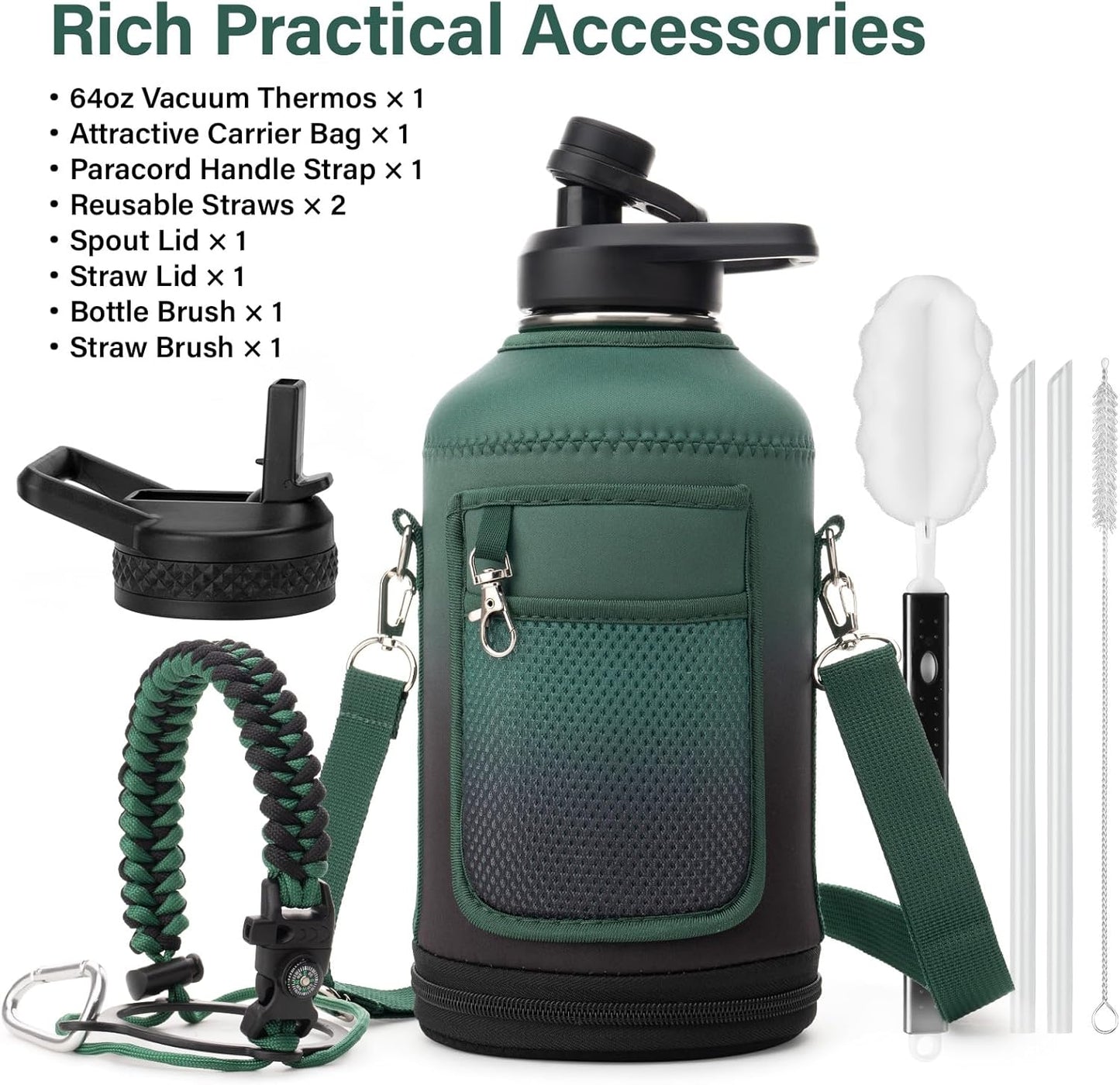 Insulated Water Bottle | Thickened Stainless Steel Vacuum Metal | Portable Sports Half Gallon Large Water Jug for Gym and Hiking with Straw, Carrier Bag, Handle Strap | BPA-Free 64 oz