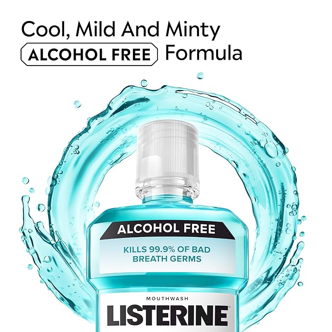 Listerine Alcohol-Free Mouthwash, Non Alcoholic Mint Oral Rinse Kills 99.9% of Germs That Cause Bad Breath for a Fresh Breath & Clean Mouth, Less Intense Taste, Cool Mint Flavor, 1 L (Pack of 2)