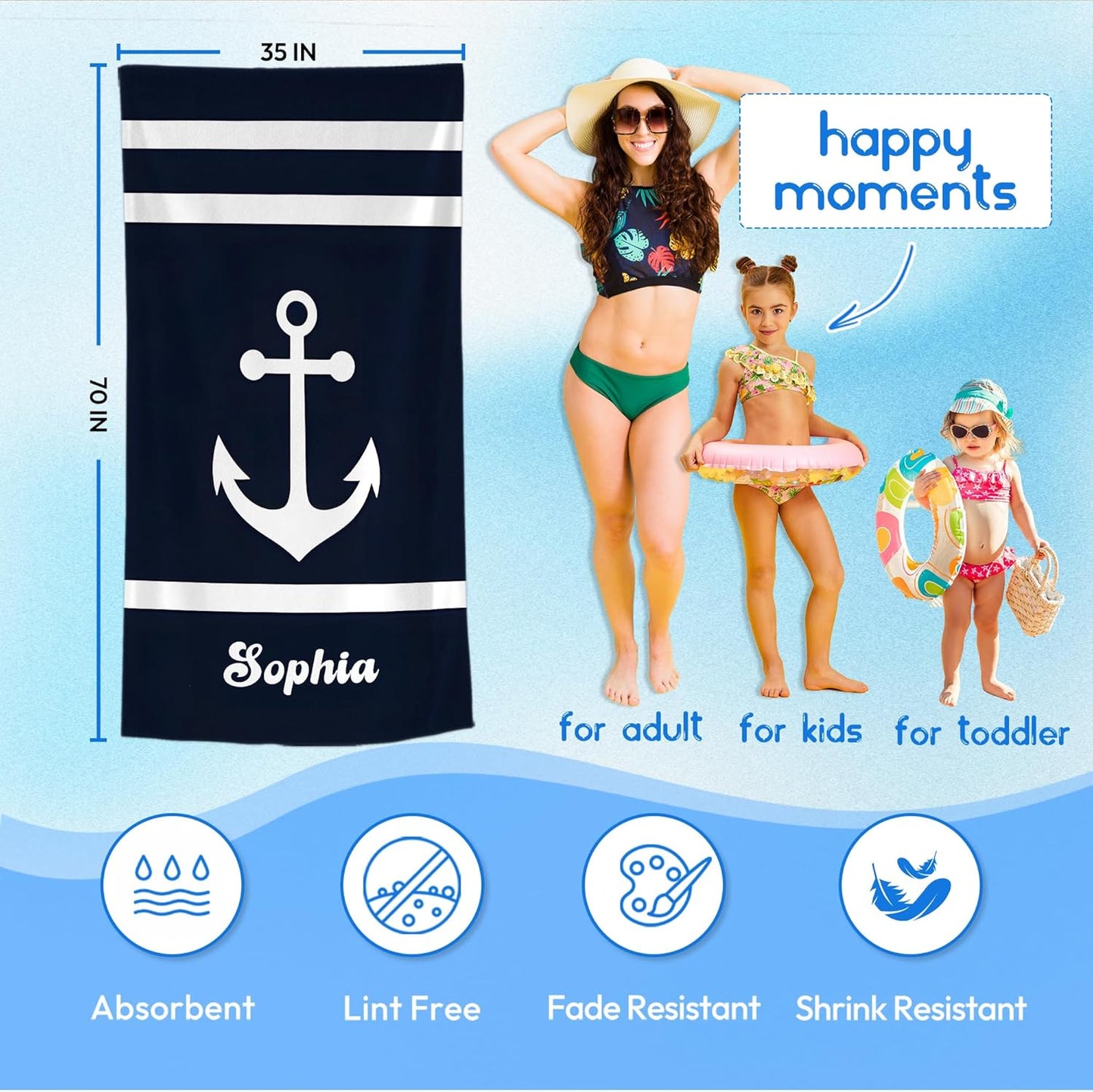 JML Personalized Beach Towel with Name, Custom Anchor Beach Towel, Customized Microfiber Pool Towel, Quick Dry & Absorbent Swim Towel for Adult,Anniversary, Birthday, Summer Holiday,Vacation