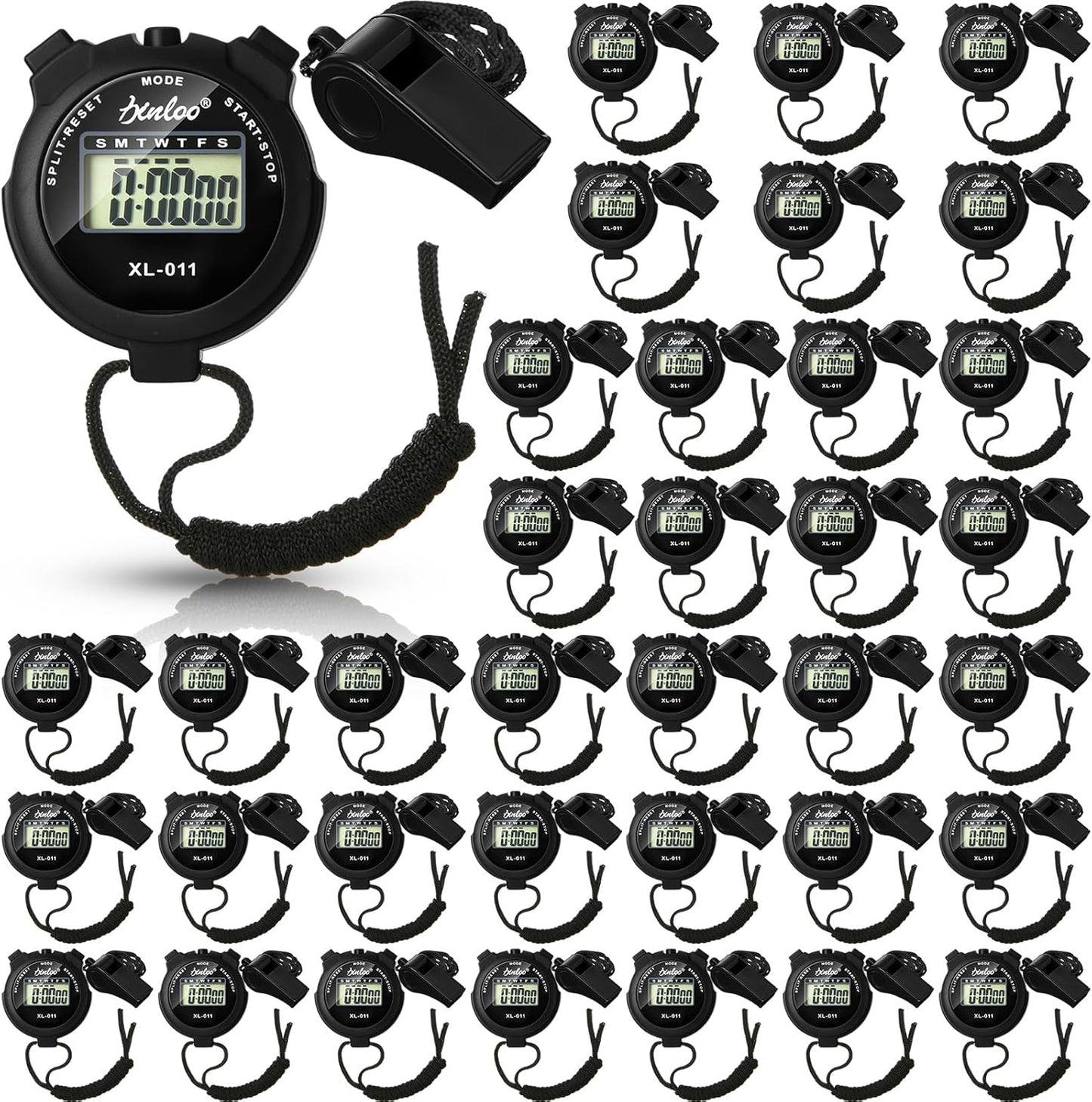 72 Pcs Digital Stopwatch Timer Plastic Whistle Bulk for Sports Coaches Referee Waterproof Watch Timer Whistle with Lanyard Multi Function Electronic Fitness Date Alarm (Black)