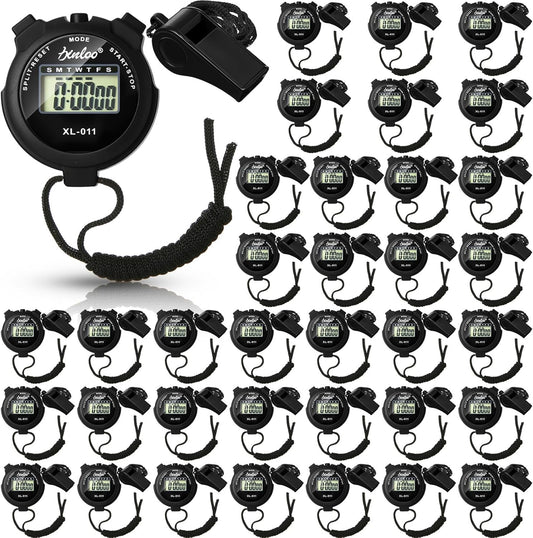 72 Pcs Digital Stopwatch Timer Plastic Whistle Bulk for Sports Coaches Referee Waterproof Watch Timer Whistle with Lanyard Multi Function Electronic Fitness Date Alarm (Black)