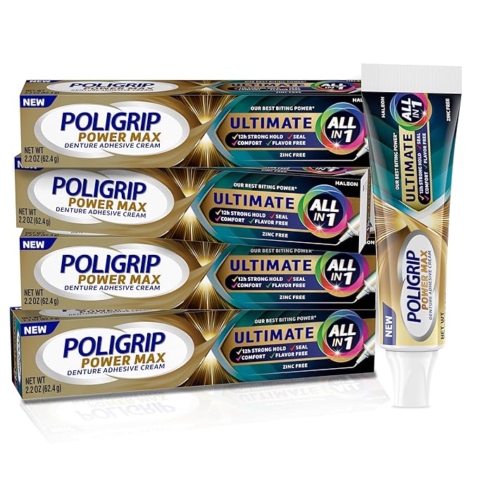 Poligrip Power Max Ultimate All-in-1 Denture Adhesive Cream, Zinc Free, 2.2 oz (4 Pack)