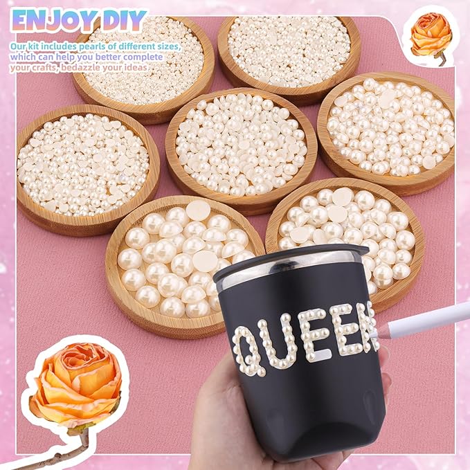 13500Pcs Flatback Pearls for Bedazzling (Beige) with 3Pcs B7000 Jewelry Glue, Assorted Size 2/3/4/5/6/8/10mm Half Pearl, Bedazzling Gems for Crafting Clothing Tumbler Shoes Embellishment Nail Art