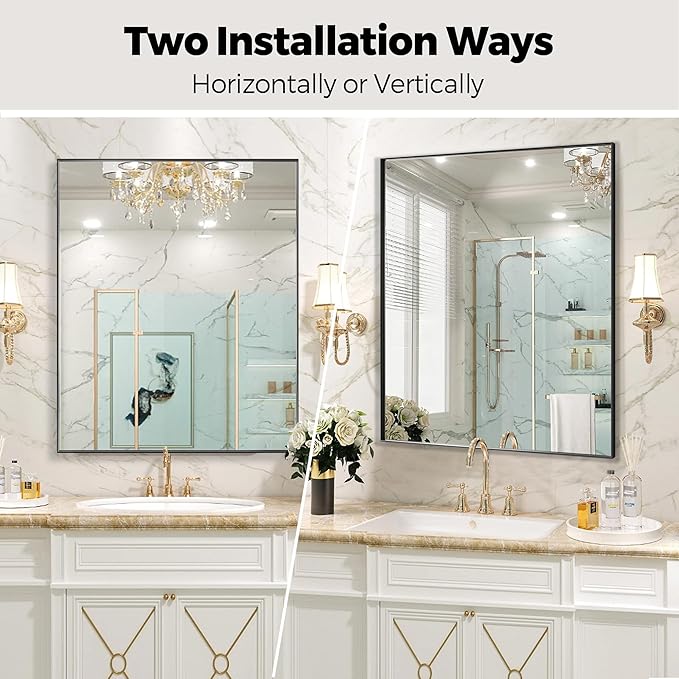 24x32 Inch Black Bathroom Mirror for Wall, Aluminum Frame Rectangle Rectangular Vanity Mirror, Modern Large for Bedroom, Living Room, Horizontal or Vertical