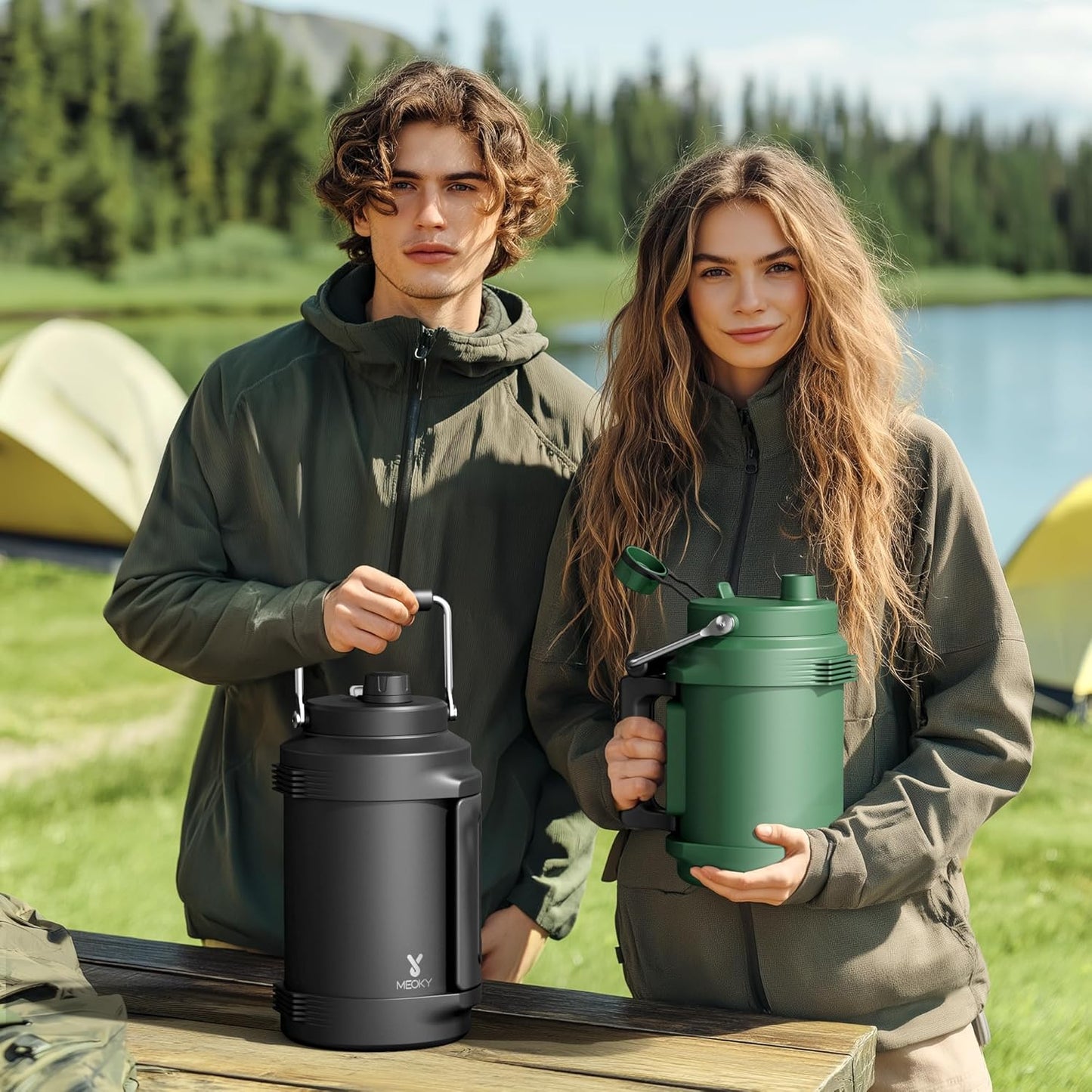 64 oz Insulated Water Bottle for Gym: Meoky Triple Wall Vacuum Stainless Steel Half Gallon Water Jug - Top and Side Handles, 2-in-1 Straw and Spout Lid, Cold for 36 Hrs, Leak Proof for Camping (Night)