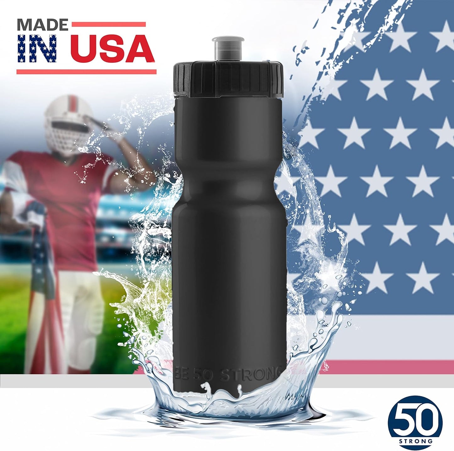 50 Strong Sports Water Bottles – Reusable 22 oz BPA-Free Plastic Bottles with Pull Top Cap – Made in USA – Top Rack Dishwasher Safe – Fits Most Bike Cages Brand