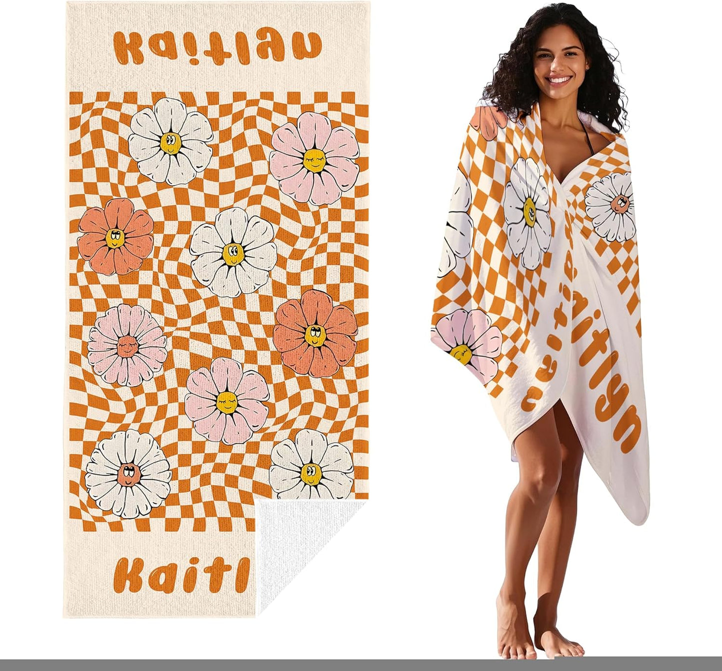 JML Personalized Beach Towel with Name, Custom Flower Beach Towel, Customized Microfiber Pool Towel, Quick Dry & Absorbent Swim Towel for Adult,Anniversary, Birthday, Summer Holiday,Vacation
