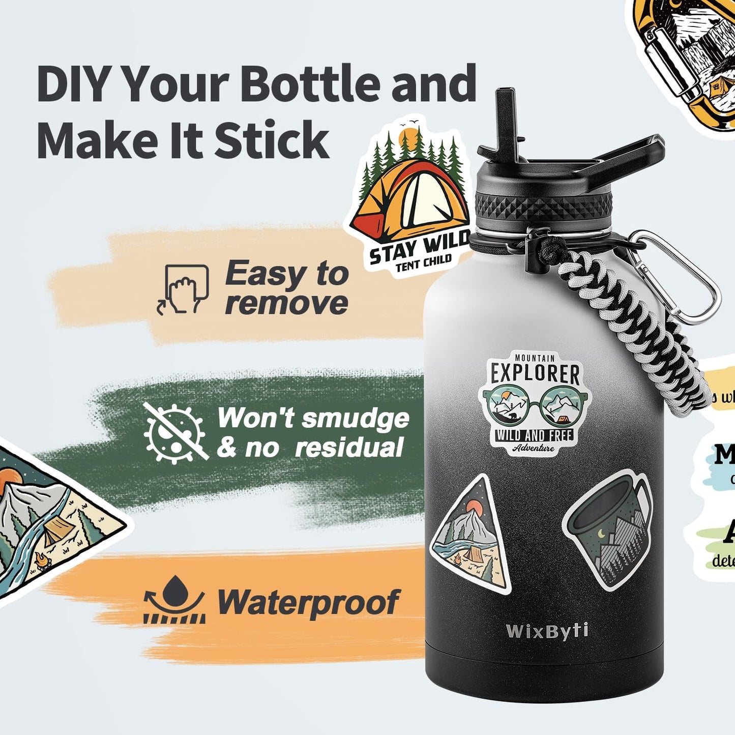 64 oz Insulated Water Bottle with Straw (Cold for 48 Hrs), Half Gallon Stainless Steel Triple Wall Vacuum Sports Water Jug, Leakproof Hydro Cup Flask with Straw Spout Lids & DIY Stickers