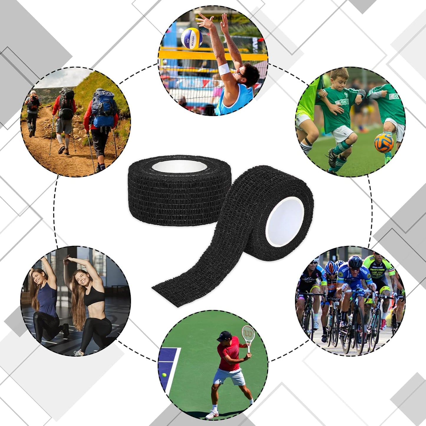 8 Rolls 1” Cohesive Bandage Self Adherent Bandage Wrap Breathable Vet Tape Elastic Adhesive Bandage for Sports, Wrist, Ankle, Tattoo Wraps(Black)