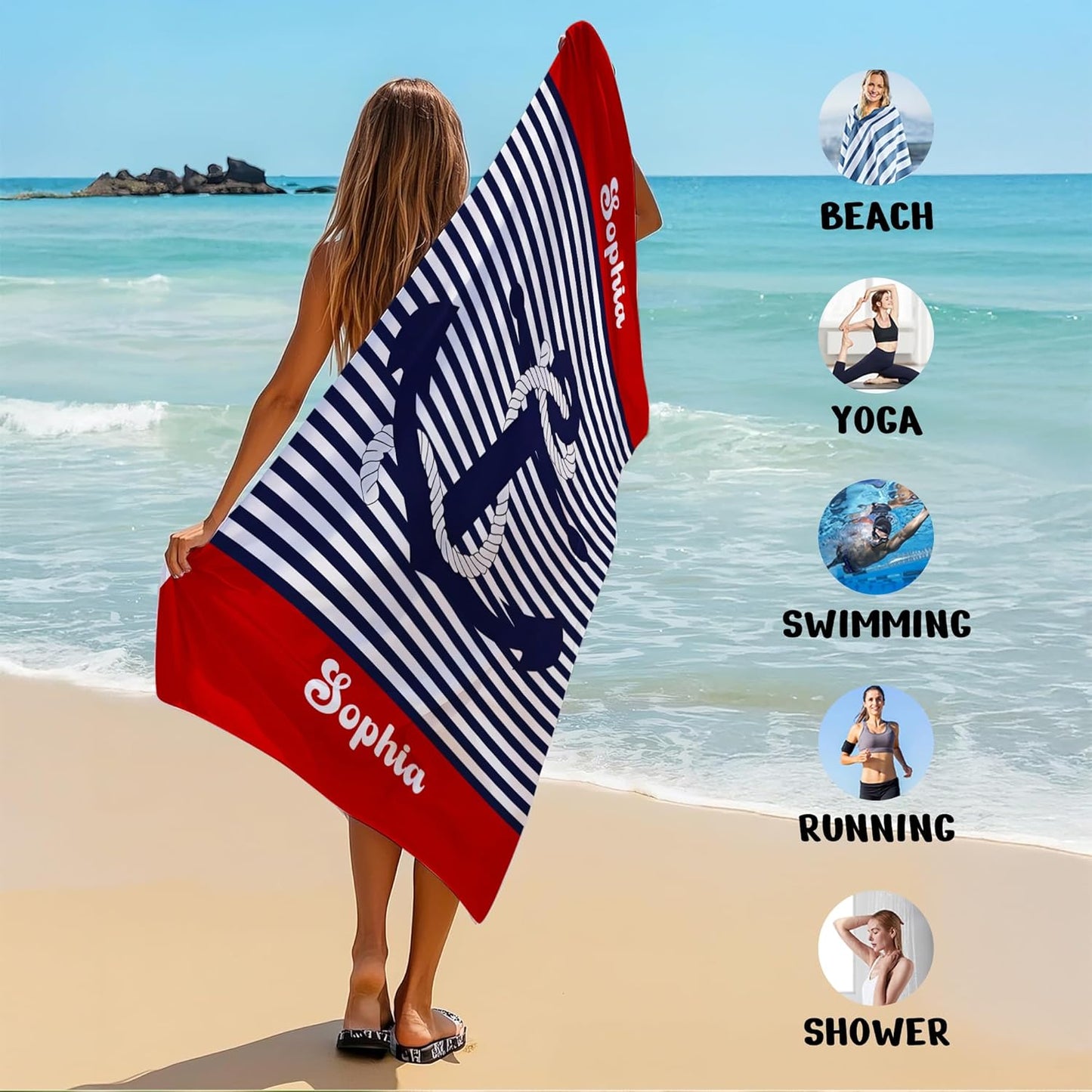 JML Personalized Beach Towel with Name, Custom Anchor Beach Towel, Customized Microfiber Pool Towel, Quick Dry & Absorbent Swim Towel for Adult,Anniversary, Birthday, Summer Holiday,Vacation
