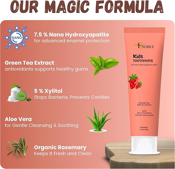 Enoble Kids Toothpaste | Natural Whitening Fluoride-Free Toothpaste for Kids & Adults | 7.5% Nano-Hydroxyapatite, 5% Xylitol, Green Tea & Aloe Vera | Strawberry | Safe if Swallowed | 3.5 oz, Pack of 1