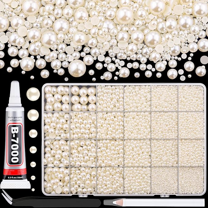 13500Pcs Flatback Pearls for Bedazzling (Beige) with B7000 Jewelry Glue, Assorted Size 2/3/4/5/6/8/10mm Half Pearl, Bedazzling Gems for Crafting Clothing Tumbler Shoes Embellishment Nail Art