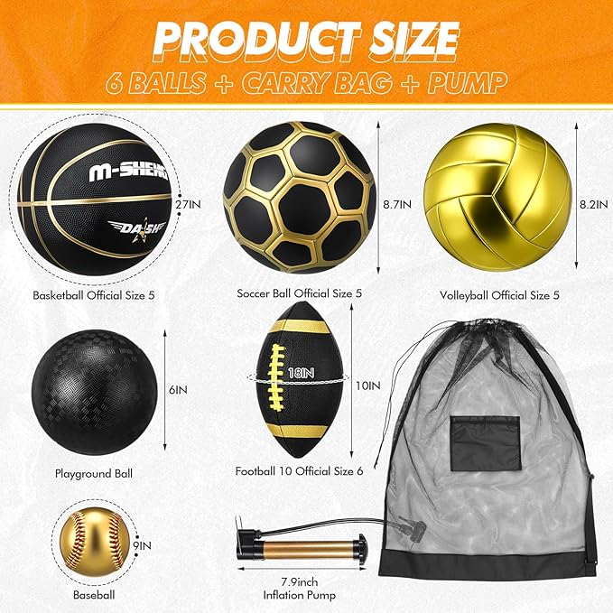 6 Pcs Multi Sport Ball Set Official Size Football, Basketball, Soccer, Volleyball, Playground Ball, Baseball with Equipment Bag Pump for Teen Adult Sport Gift Back to School
