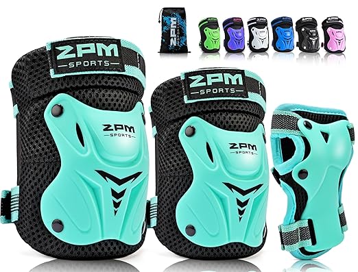 2PM SPORTS Knee Pads for Kids, Wrist Guards Knee and Elbow Pads Set with Drawstring Bag, Protective Gear Set for Girls Boys Roller Skating Cycling Skateboard - Mint Medium